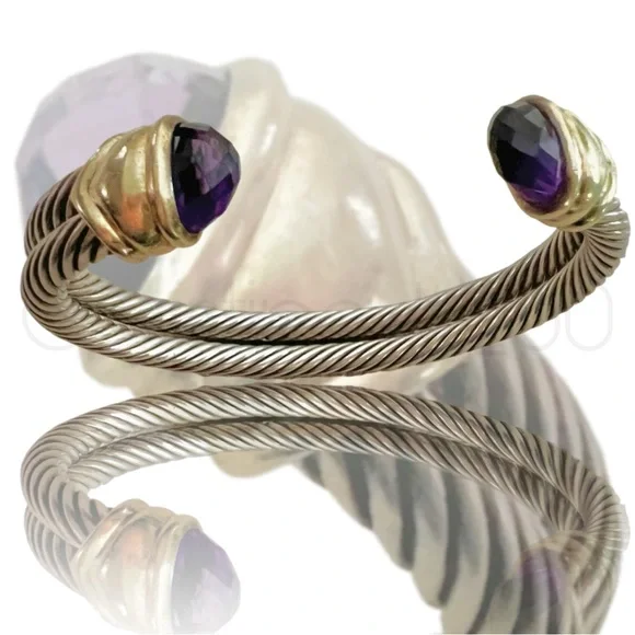 14k David Yurman VINTAGE amethyst double strand stacked cable cuff bracelet - Picture 3 of 9